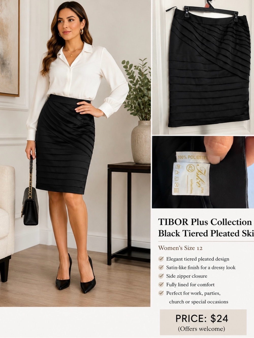 Tibor Plus Collection Black Tiered Pleated Pencil Skirt Women’s Size 12